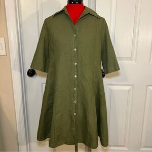 Francesca Bettini Olive Green Short Sleeve Button Up Linen Blend Shirt Dress M
